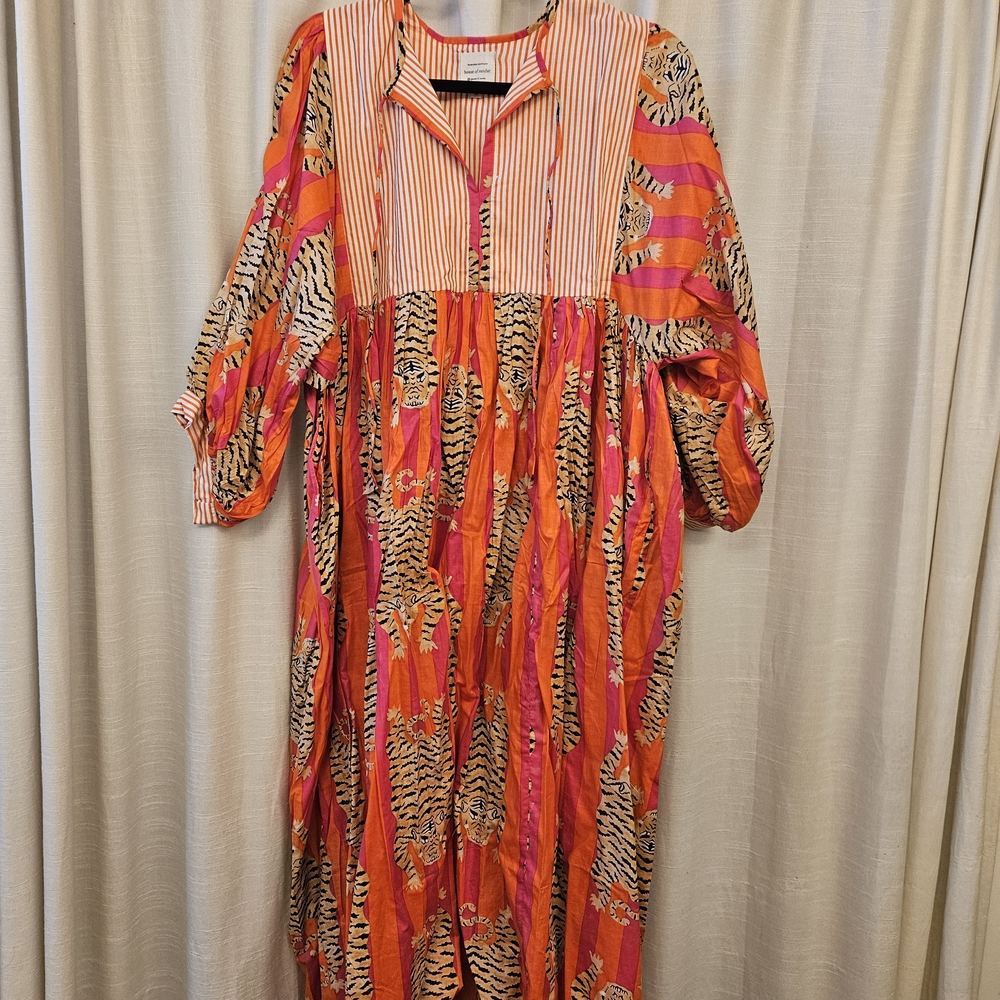 House Of Sundar Vibrant Orange and Pink Striped Dress